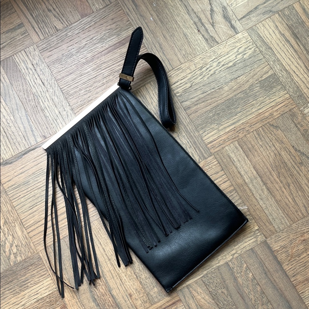 Vintage Black Vegan Leather Wristlet with Fringe